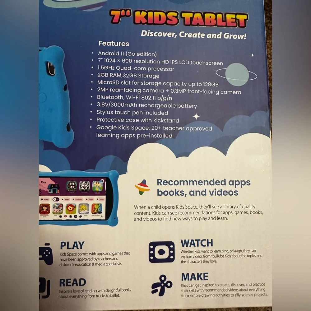 Contixo Kids V10 Blue 7” Kids Tablet Android 11 Go Edition New In Box